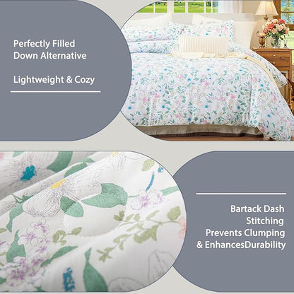 King Floral Comforter Set 100% Cotton Comforter 3 Pieces Green Leaves and Pink Floral Bedding Set Lightweight Soft Reversible Bedding for All Season