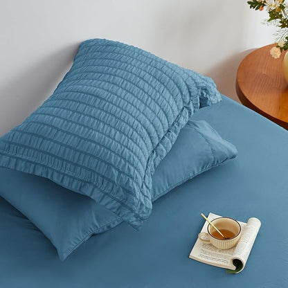 Love's cabin Seersucker Misty Blue Full Comforter Set, 7-Piece All Season Lightweight Bed in a Bag Bedding Set with Comforter, Flat Sheet, Fitted Sheet, Pillowcases and Shams | Soft, Breathable, Lightweight