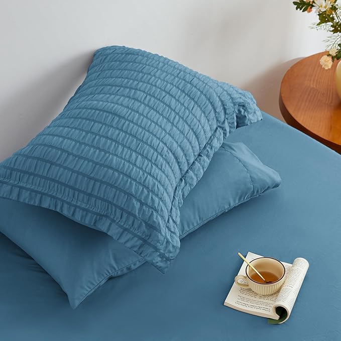 Love's cabin Seersucker Misty Blue Twin XL Comforter Set, 5-Piece All Season Lightweight Bed in a Bag Bedding Set with Comforter, Flat Sheet, Fitted Sheet, Pillowcase and Sham | Soft, Breathable, Lightweight