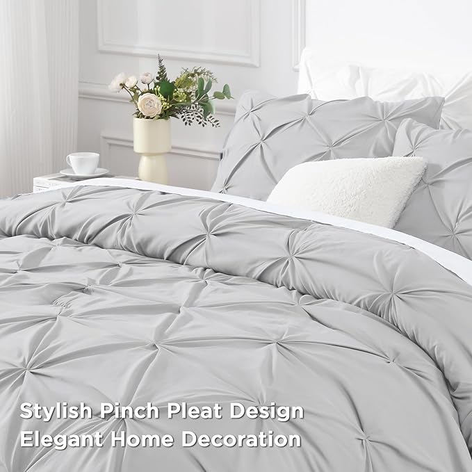 Andency Light Grey Pinch Pleat Comforter Full(79x90Inch), 3 Pieces(1 Down Alternative Comforter and 2 Pillowcases) Grey Bed Set Microfiber Pintuck Bedding Set