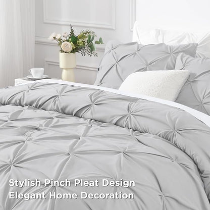 Andency Light Grey Oversized King Comforter Set (120x98Inch), 3 Pieces Pinch Pleat Cal King Bedding Comforters & Sets, Oversized Pintuck Soft Fluffy Down Alternative Bed Set for All Season
