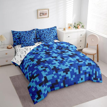 Navy Blue Camouflage 7Pcs Comforter Set Full Size,Geometric Checked Bedding Sets for Kids Boys Teens Men Room Decor,Pixelated Miner Style Fitted Flat Sheet Video Games 2 Throw Pillow,2 Pillowcases