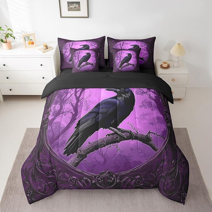 Erosebridal Crow 7 Piece Bedding Set Twin Size,Gothic Halloween Bed in a Bag,Horror Theme Bed Set Includes Comforter, Sheet Set, Pillowcases & Pillow Covers All Season Bedroom Decor