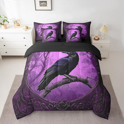 Erosebridal Crow 7 Piece Bedding Set King Size,Gothic Halloween Bed in a Bag,Horror Theme Bed Set Includes Comforter, Sheet Set, Pillowcases & Pillow Covers All Season Bedroom Decor