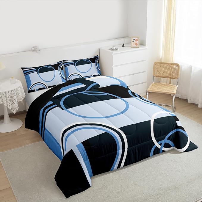 Retro Blue Grey Black Comforter Full Abstract Stripes Circles Bedding Set for Kids Teens Adult Square Spiral Quilt Geometric Plaid Duvet Insert Graphic Artwork Quilted Comforter All Season