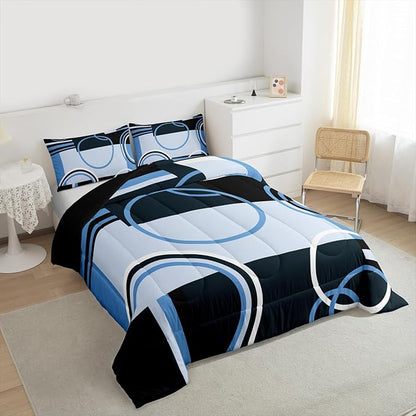 Retro Blue Grey Black Comforter Full Abstract Stripes Circles Bedding Set for Kids Teens Adult Square Spiral Quilt Geometric Plaid Duvet Insert Graphic Artwork Quilted Comforter All Season