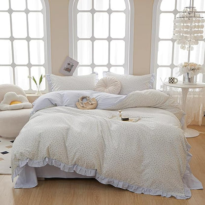HighBuy Ruffle Floral Comforter Set Queen Blue Flower Coquette Bedding Comforter Romantic Lace Floral Comforter Set Fluffy Boho Bedding Comforter Sets 1 Ruffled Comforter with 2 Lace Pillowcases
