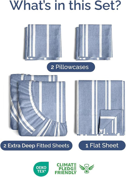 Extra Deep Split King Sheet Set - 7 Piece Breathable and Cooling Sheets - Hotel Luxury Bedding for Women, Men, Kids & Teens - Secure Fit - Soft and Wrinkle Free with Extra Deep Pockets - Blue Stripes