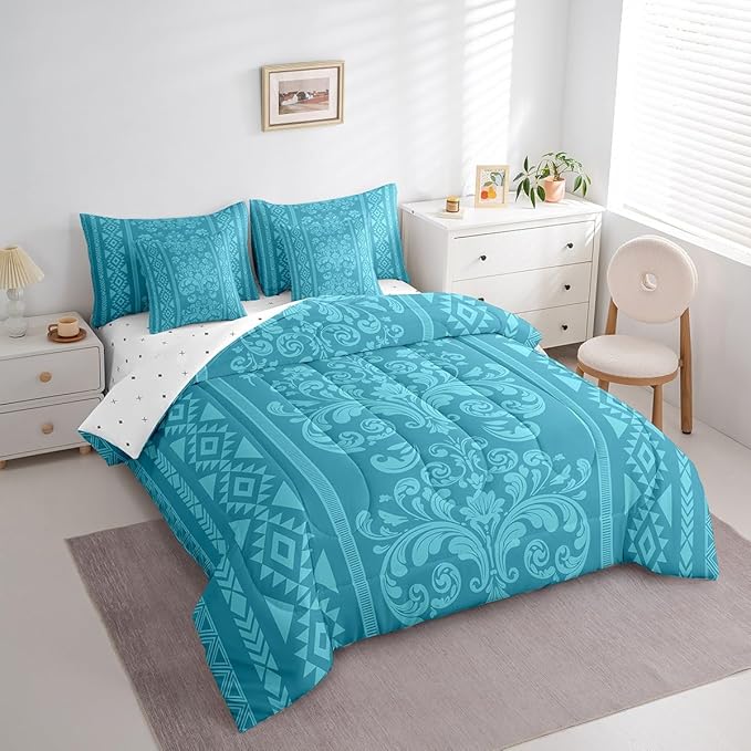 Comforter Set Queen Size, Cyan Damask Aztec 7 Pcs Bedding for Kids and Adults, Antique Decor Western Baroque Gothic Bed Sheet Sets with Fitted Sheet 2 Pillowcases & 2 Shams for Bedroom Bed Decor