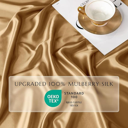 THXSILK 100% Mulberry Silk Fitted Sheet Set, 7A+ Silk 3 Pieces Bed Sheets, Breathable, Smooth, 16 Inch Deep Pocket Fitted Sheet, 2 Pillowcases - Metallic Gold, King