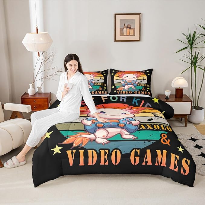 Gamer Bedding Set Axolotl Comforter Set King, Video Games Gaming Down Comforter For Kids Boys Girls Teens, Rainbow Duvet Set, Cute Wildlife Animal Bedroom Decor, Pink Orange, With 2 Pillow Cases