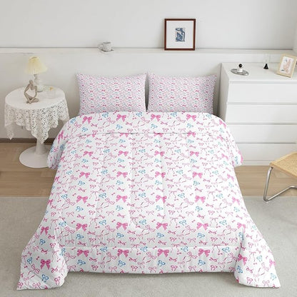 Erosebridal Bowknot Comforter Set for Girls, Dreamy Princess Style Queen Size Down Comforter, Cute Bow Tie Cartoon Quilt for Kids Teens Women Room, Girly Kawaii Bedding Set, Pink Blue