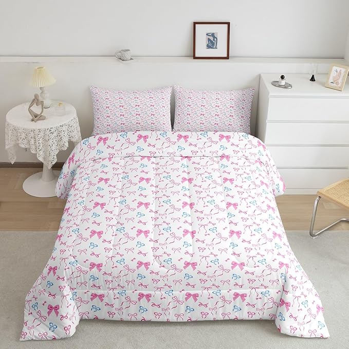 Erosebridal Bowknot Comforter Set for Girls, Dreamy Princess Style Toddler Size Down Comforter, Cute Bow Tie Cartoon Quilt for Kids Teens Women Room, Girly Kawaii Bedding Set, Pink Blue