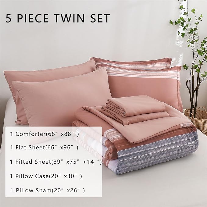 KAKIJUMN 5 Piece Bed in a Bag Stripe Comforter Set Twin Size, White Grey Blush Pink Patchwork Striped Comforter and Sheet Set, All Season Soft Microfiber Complete Bedding Sets(Pink,Twin)
