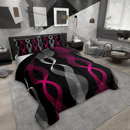 Erosebridal Girls Fuchsia and Black Abstract Toddler Comforter Set, Fuchsia Striped Bedding Set for Women Teens, Contemporary Boho Modern Art Comforter, Geometric Stripes Aesthetic Wavy Line Quilt