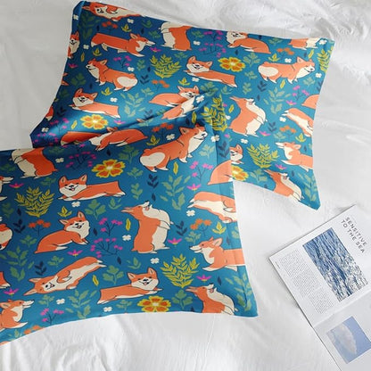 Comforter Set Full Size, Cute Dog Corgi 7 Pcs Bedding for Kids and Adults, Flower Funny Grey Bed Sheet Sets with Fitted Sheet 2 Pillowcases & 2 Shams for Bedroom Bed Decor