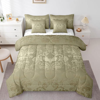 Erosebridal Gothic Damask Bed in a Bag Queen Comforter Set 7 Piece,Halloween Bat Bedding Sets Olive Grey Victorian Floral Goth Sheet Set with Comforter