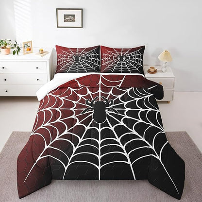 Manfei Burgundy and Black Comforter Set Full Size, White Spider Web Print Down Comforter, Halloween Spider Bedding Set for Kids Boys Girls Bedroom Decor, Honeycomb Duvet Insert,2 Pillowcases