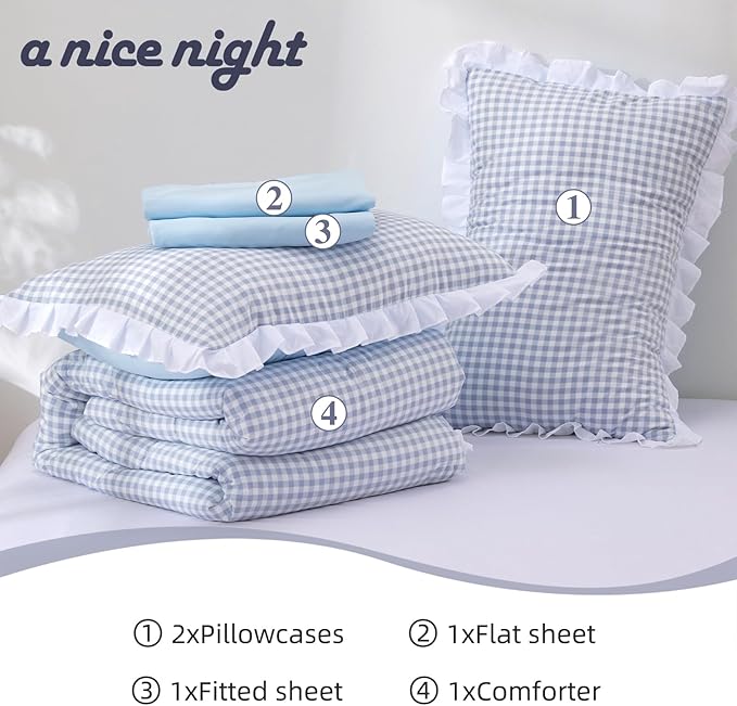 A Nice Night Comforter Set Full, 5 Pieces Lightweight Soft Rustic Blue Ruffle Comforter, Plaid Checkered Chic Bedding Set with Pillow Shams
