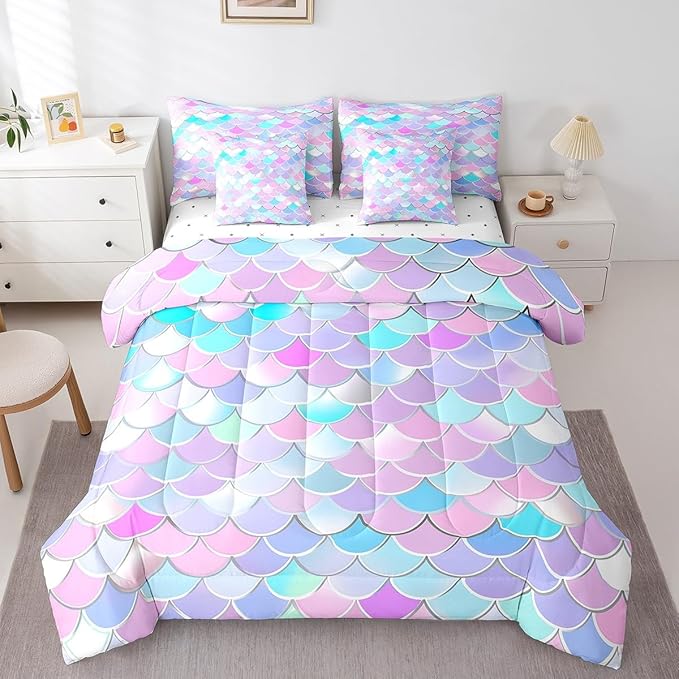Castle Fairy 7 Pieces Fish Scales Comforter Set for Kids Colorful Bedding Set Queen Size,Romantic Style Comforter for Boys Girls Adult Mermaid Super Soft Fade Resistant Microfiber Bedding