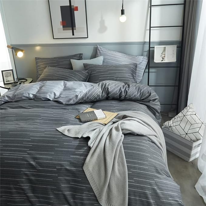 VM VOUGEMARKET Grey Blue Stripes Comforter Set Twin XL Teen Boys Men Down Comforter with 2 Pillowcases,Modern Luxury Striped Bedding Quilt Set 68"x90"