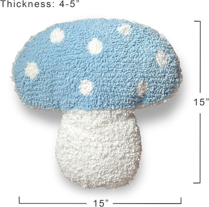 Mushroom Throw Pillow Tufted Decorative Cushion 15” x 15” – Decor for Bed, Couch, Living Room (Blue)