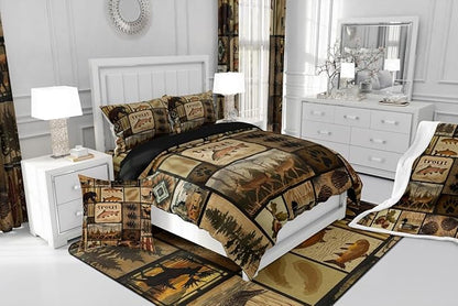 Feelyou Wild Animal Comforter Set Toddler Size, Wildlife Hunting Quilt Set Bear Deer Eik Fish Duck Hunting Bedding Set for Kids Boys Teens Room Decor, Wooden Board Farmhouse Duvet Insert