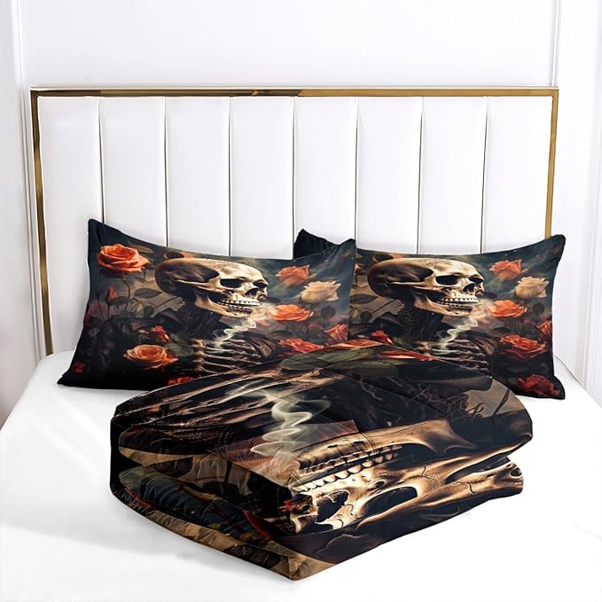 Gothic Comforter Set Twin Size, Skull Floral Bedding Set for Kids, Horror Themed Bedroom Decor/68 * 86