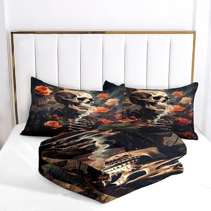 Gothic Skull Comforter Set Queen Size, Dark Floral Microfiber Bedding Set, Horror Themed Bedroom Decor for Adult/Women