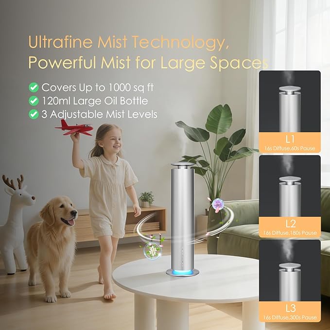 Waterless Essential Oil Diffuser, Long Lasting Aromatherapy Scent Diffuser for Home with Light Mode, 1000 Sq. Ft Coverage Quiet Oil Diffusers for Bedroom, Office, Included 5 Scent Oils(3.3OZ), Silver