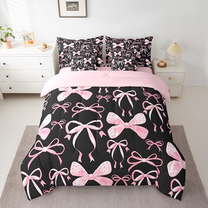 Feelyou Black Pink Bow Full Comforter Set with Sheets for Kids Boys Girls Cute Bowknot 7 Pieces Bedding Set Kawaii Bed in a Bag Pricess Style Room Decor Soft Lightweight Microfiber