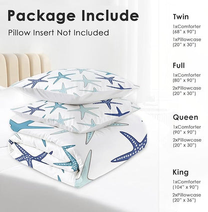 Comforter Set Queen Size, Coastal Nautical Starfish Soft 3 Pcs Bedding for Kids and Adults, Navy Blue Turquoise Sea Comforter Set with Pillowcase, for Bedroom Bed Decor