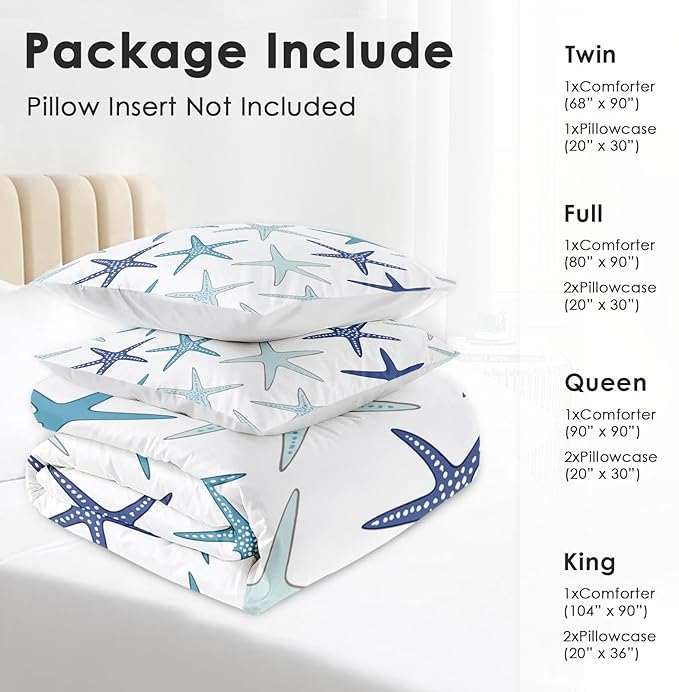 Comforter Set Full Size, Coastal Nautical Starfish Soft 3 Pcs Bedding for Kids and Adults, Navy Blue Turquoise Sea Comforter Set with Pillowcase, for Bedroom Bed Decor