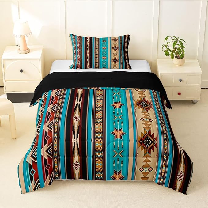 Aztec Bedding Set Ethnic Tribal Arrow Comforter Set,Vintage Southwestern Native Bohemian Quilt Twin,Western Star Duvet Insert Exotic Geometric Diamond Stripes Room Decor,Teal Blue and Brown