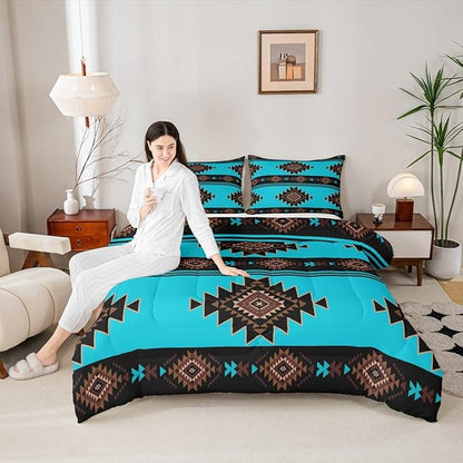 Queen Size Western Aztec Comforter Set, Native American Navajo Bedding Set for Boys Adult Teens, Southwestern Geometric Quilt Ethnic American Native Duvet Insert Rustic Farmhouse Decor, Blue