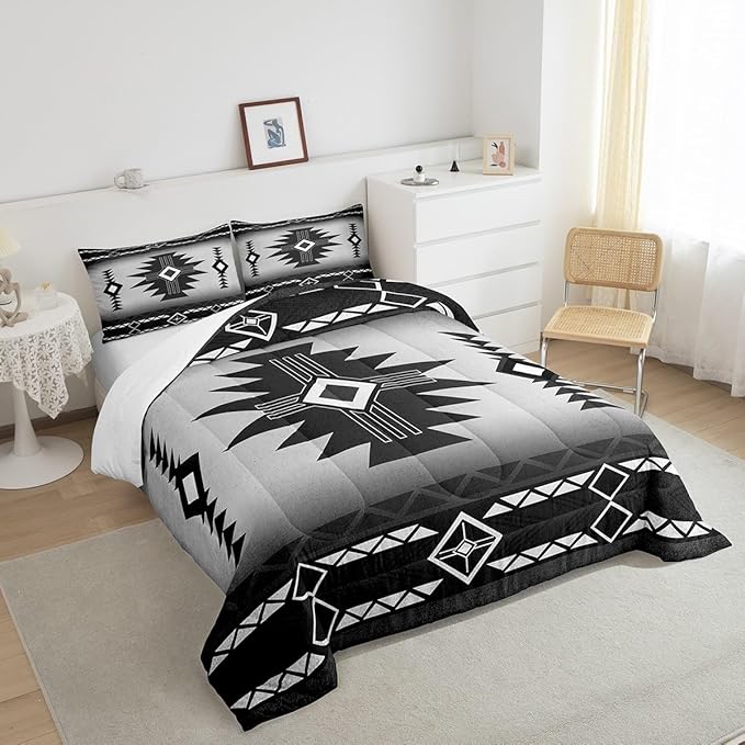 Southwest Comforter Set Queen Size,Southwestern Aztec Bedding Set 3Pcs Vintage Tribal Geometric Pattern Quilt Set for Kids Teens Boys Adult Room Decor,White Grey Duvet Insert,2 Pillowcases