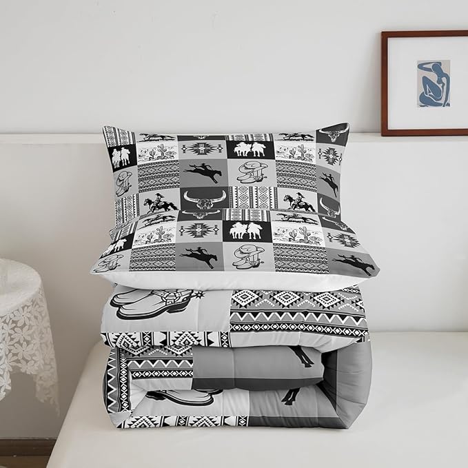 Southwestern Bedding Sets,Cowboy Comforter Set 3Pcs for Boys Girls Adult Room Decor,Aztec Boho Tribal Striped Quilt Set Bull Skull Cowboy Boots Print Black Grey Grid Duvet Insert King Size