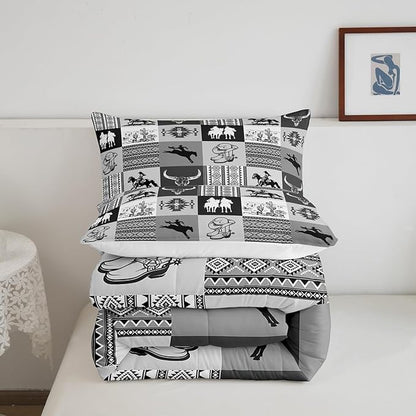 Southwestern Bedding Sets,Cowboy Comforter Set 2Pcs for Boys Girls Adult Room Decor,Aztec Boho Tribal Striped Quilt Set Bull Skull Cowboy Boots Print Black Grey Grid Duvet Insert Twin Size