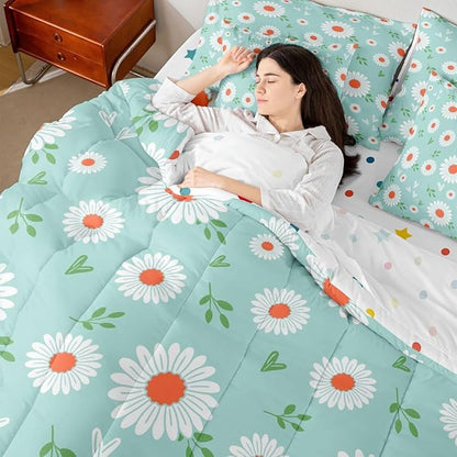 Feelyou Daisy Comforter Set with Sheets 7 Piece Twin Size Botanical Floral Printed Bedding Set for Kids Boys Girls Garden Plants Design Bed in a Bag Blue Room Decor Soft Lightweight Microfiber