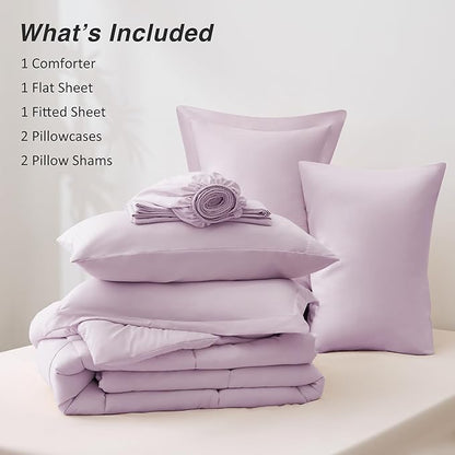 Love's cabin King Size Comforter Set Light Purple, 7 Pieces King Bed in a Bag, All Season Bedding Sets with 1 Comforter, 1 Flat Sheet, 1 Fitted Sheet, 2 Pillowcase and 2 Pillow Sham