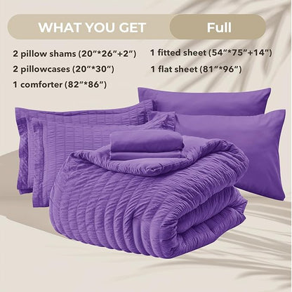 HYMOKEGE Dark Purple Full Size Comforter Sets Seersucker 7 Pieces, All Season Luxury Bed in a Bag for Bedroom, Bedding Set with Comforter, Sheets, Pillowcases & Shams