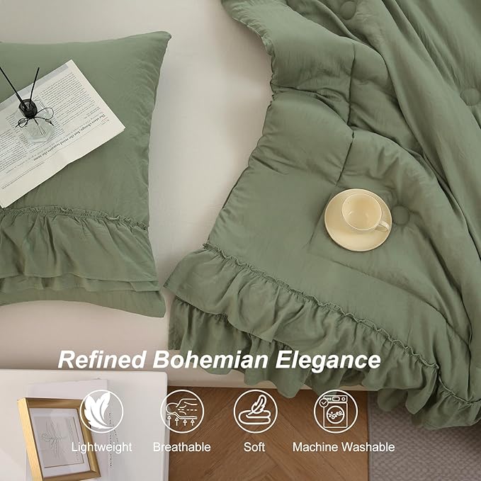 Bedding_Dreamer Sage Green Queen Size Comforter Set, 3-Piece Shabby Chic Ruffle Bedding, Soft Microfiber Boho Farmhouse Comforter for All Seasons
