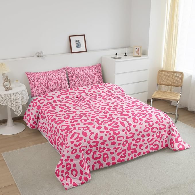 Feelyou Cute Leopard Bedding Set Cheetah Comforter Set for Kids Boys Girls Teens Room Decor Pink Animal Print Comforter Toddler Size Safari Duvet Set 2Pcs