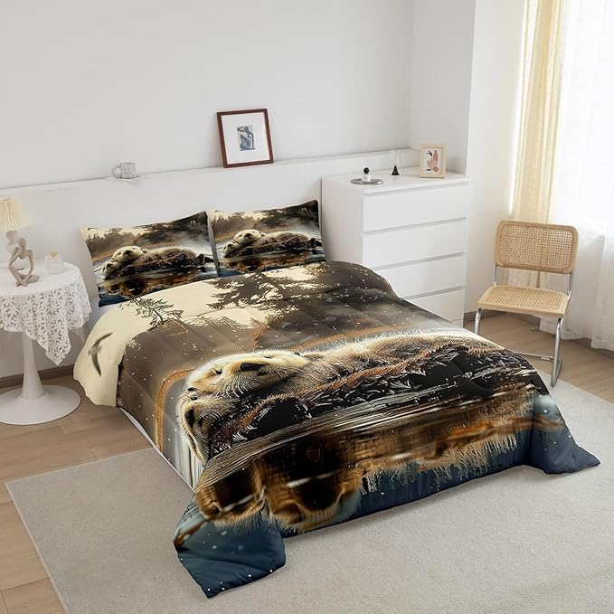 Manfei Sea Otter Bedding Comforter Sets Toddler,Wildlife Otter Couple Swimming Bedding Set for Bedroom Decoration,Cute Otter Jungle Adventure with 1 Comforter and 1 Pillow Case Bedroom Decor