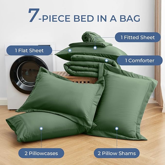 Sasttie King Size Comforter Set, 7 Pieces Bed in a Bag King, Complete Bedding Set Includes Comforter, Flat Sheet, Fitted Sheet, Pillowcases and Pillow Shams, Dark Green