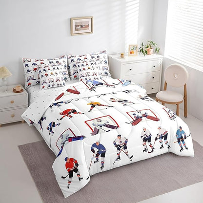 Feelyou Ice Hockey Comforter Set King Size 7 Pcs Hockey Lover Comforter Bed in a Bag Winter Sports Bedding Set for Boys Girls Teens Hockey Bed Set with Sheets, Pillowcases, Pillow Covers