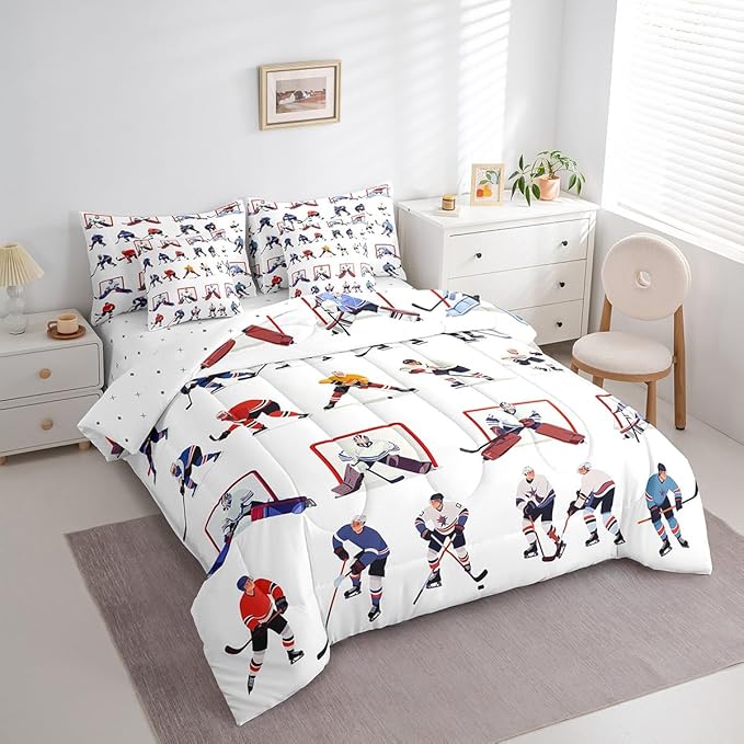 Feelyou Ice Hockey Comforter Set Twin Size 7 Pcs Hockey Lover Comforter Bed in a Bag Winter Sports Bedding Set for Boys Girls Teens Hockey Bed Set with Sheets, Pillowcases, Pillow Covers