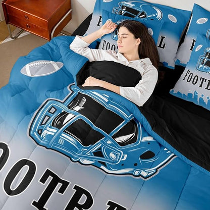 Erosebridal Football King Bed in A Bag American Rugby Sports 7 Pcs Bedding Set Sports Games Comforter Set with Sheets for Kids Boys Teen,Blue Grey Ombre Football City Sheet Set with Comforter