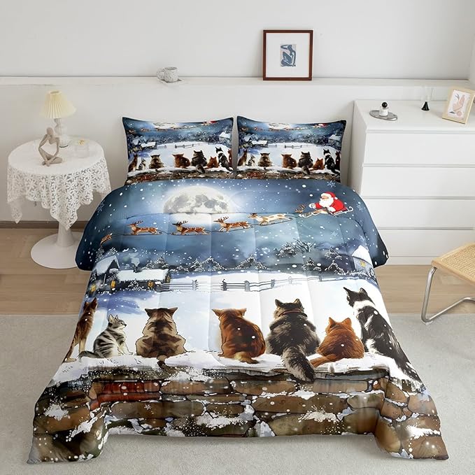 Merry Christmas Comforter Set Queen Size,Watercolor Cat Bedding Set 3Pcs for Kids Girls Boys Teens Room Decor,Santa Clause Sleigh Quilt Set Funny Winter Painting Art Duvet Insert,2 Pillowcases