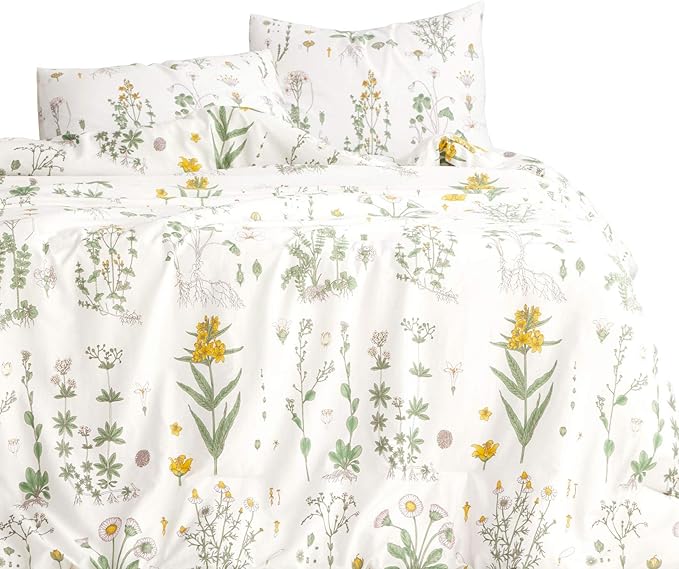 Wake In Cloud - Botanical Comforter Set, 100% Cotton Fabric, Floral Flower Cottagecore Neutral Shabby Chic Coquette Aesthetic, 3 Pieces Bedding Set, Yellow Green, Full Size